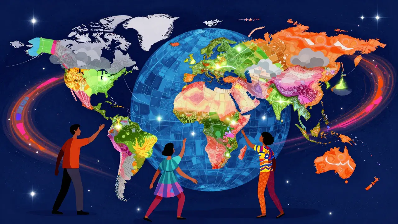 Vibrant mosaic globe showing accessible and restricted regions for crypto trading.