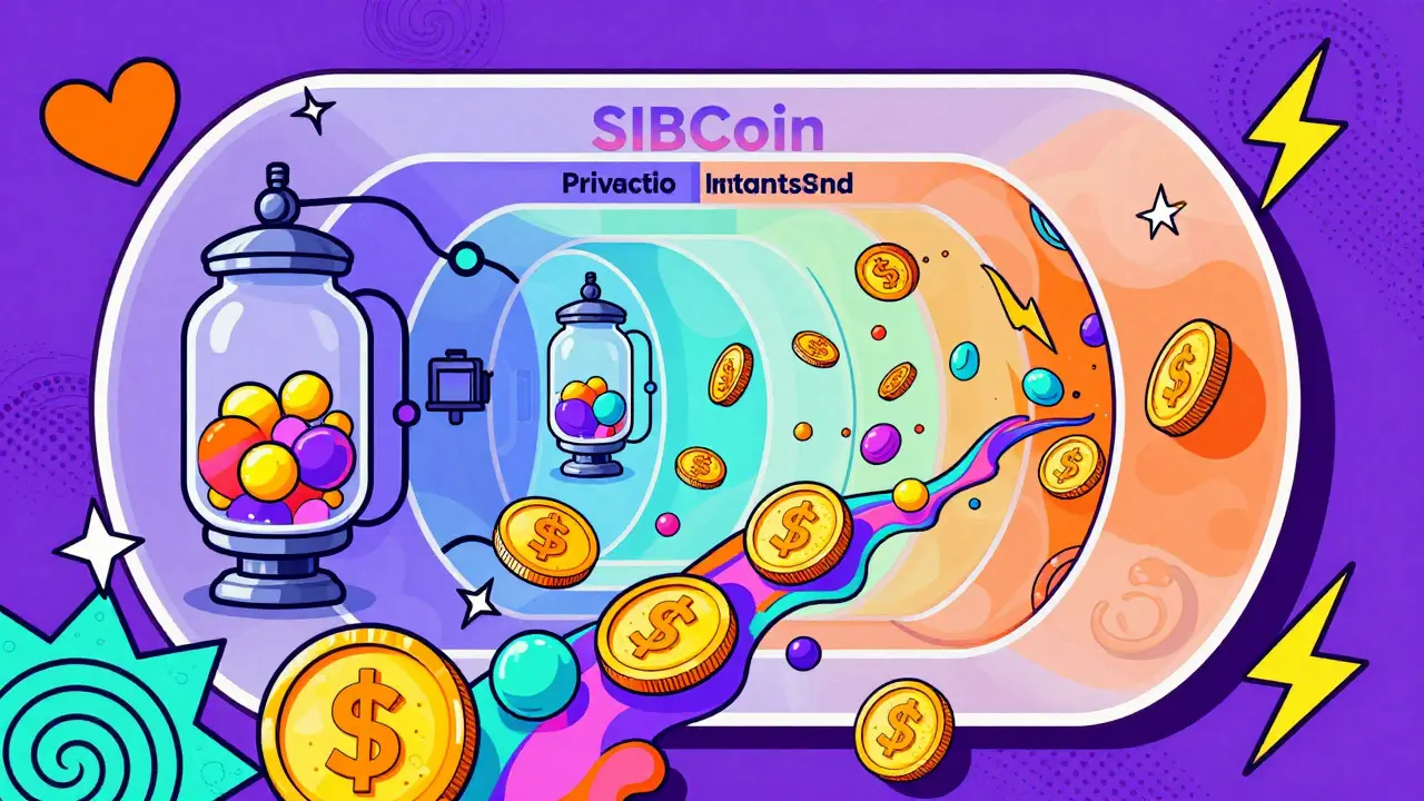 Vibrant Peter Max art depicting coins flowing through a colorful tunnel representing privacy and speed.