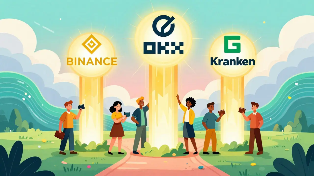 Vibrant Peter Max art showing secure, established crypto exchanges as safe pillars for traders.