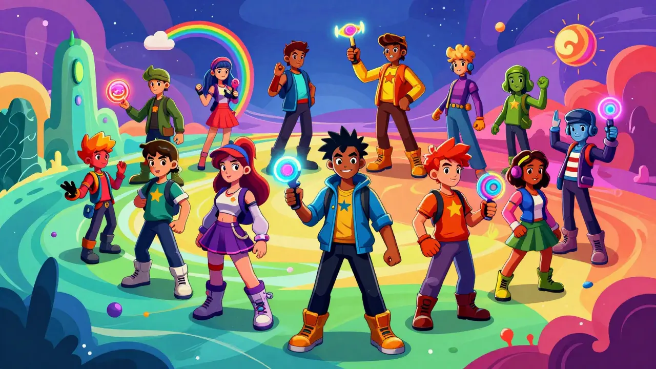 Vibrant Peter Max style art showing game characters sharing interoperable gear