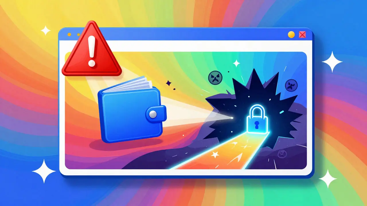 Vibrant Peter Max style warning about crypto phishing attempts and wallet security risks.