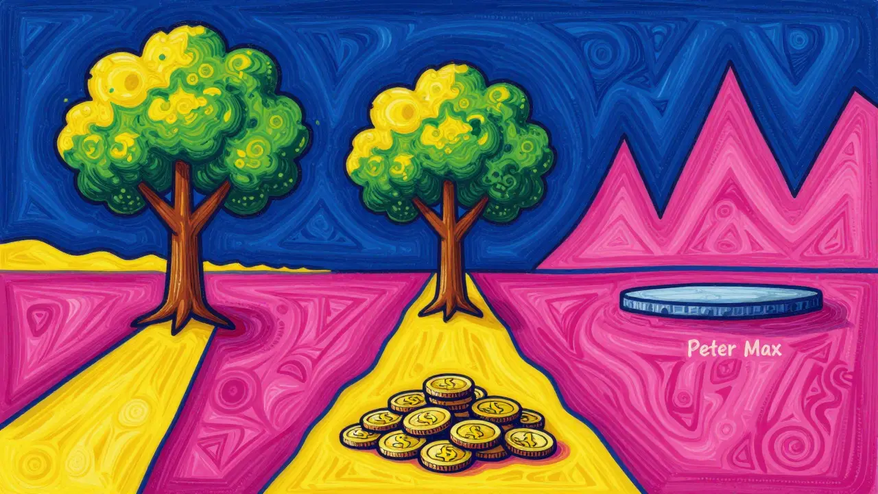 Abstract art showing three different financial paths emerging from a center