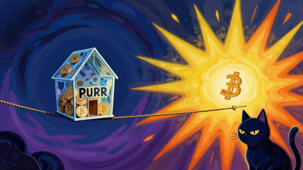 Abstract illustration of crypto investment risks with a fragile token house on a tightrope.