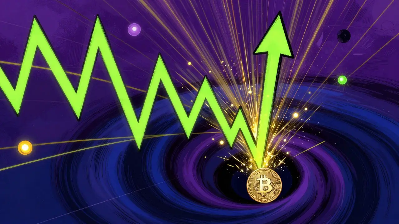 Abstract neon graph showing dramatic price surge and crash in space