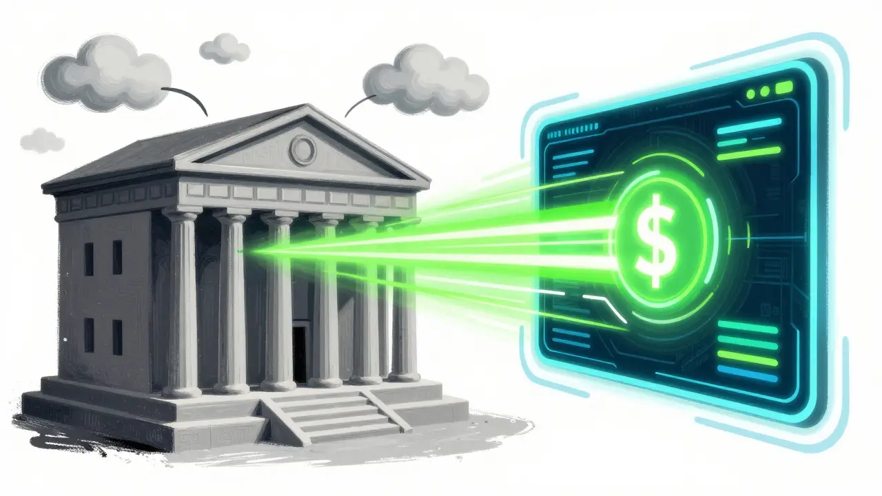 Artistic contrast between a slow traditional bank and fast digital wallet transfer speeds
