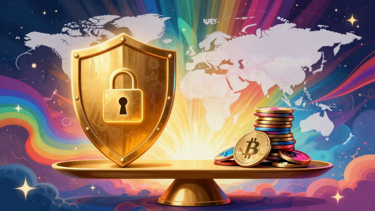 Balanced scale showing security shield vs crypto coins in colorful Peter Max art style.