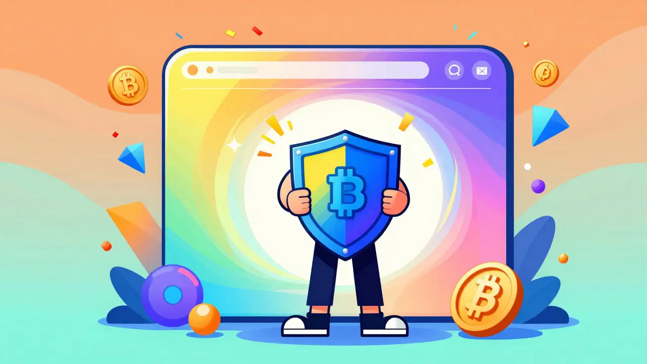 Cartoon character holding a security shield near a colorful digital portal