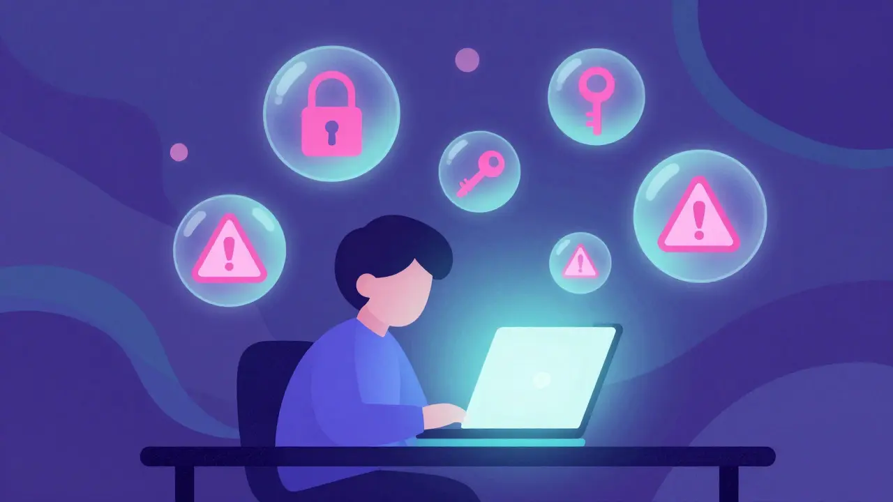 Character at a desk surrounded by floating security icons and swirls