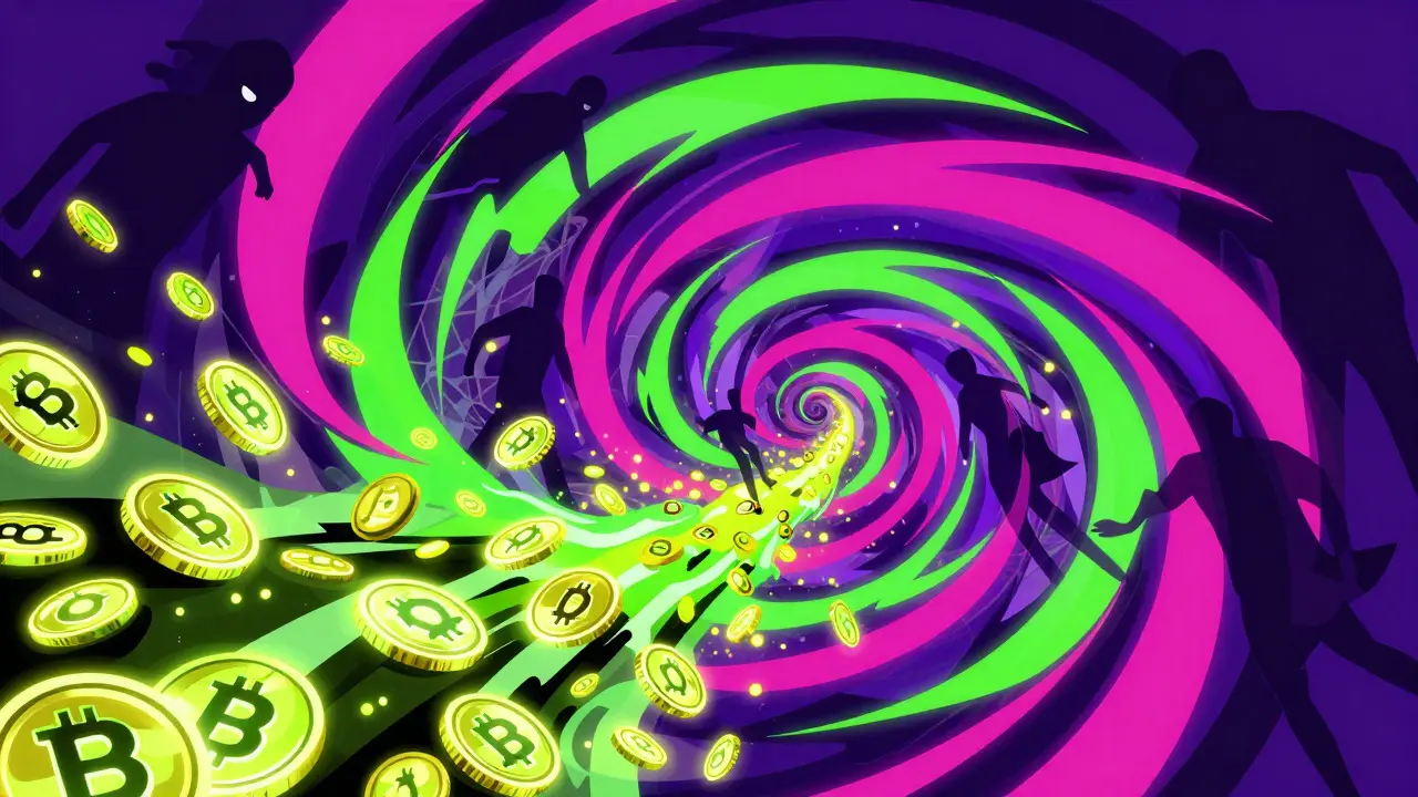 Colorful abstract vortex of digital coins and shadows illustrating cryptocurrency theft in Peter Max style