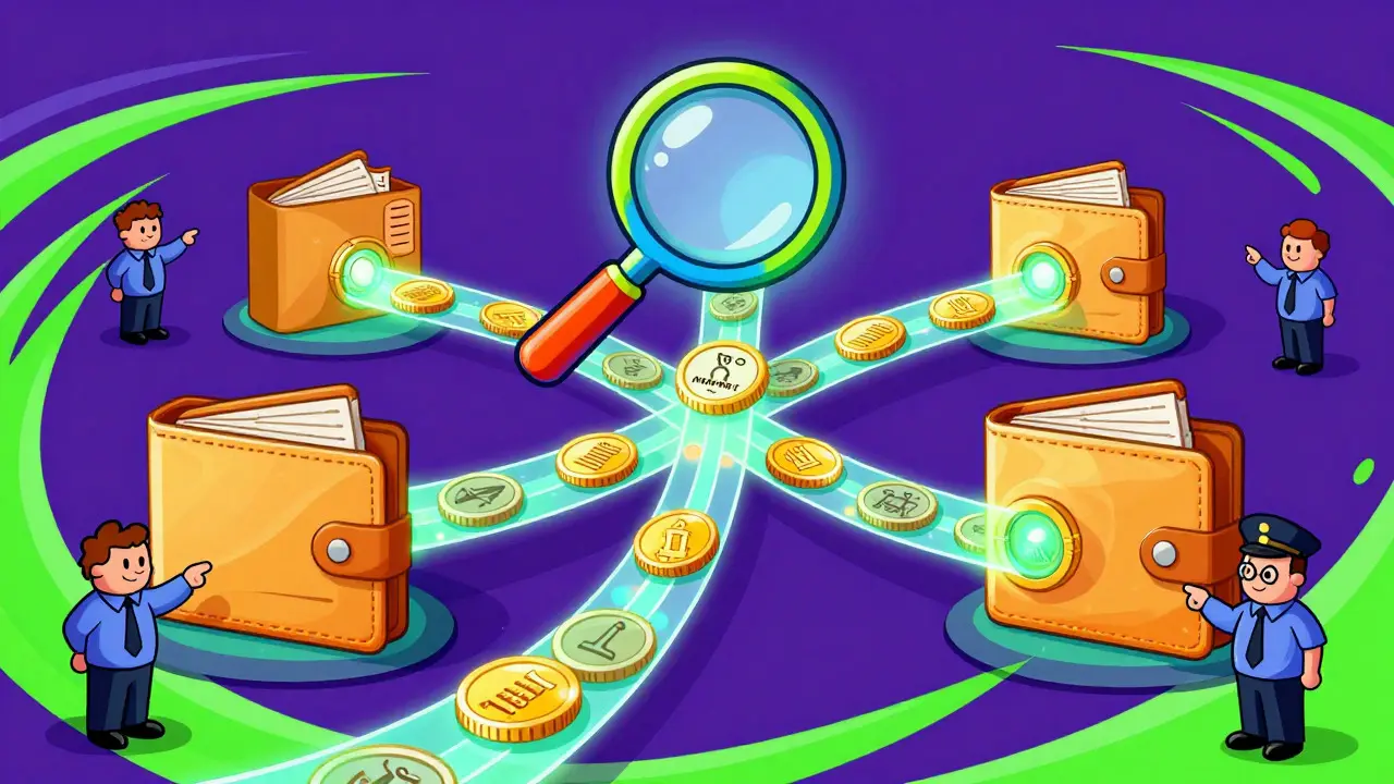 Colorful cartoon depiction of transaction verification with a magnifying glass over digital coins