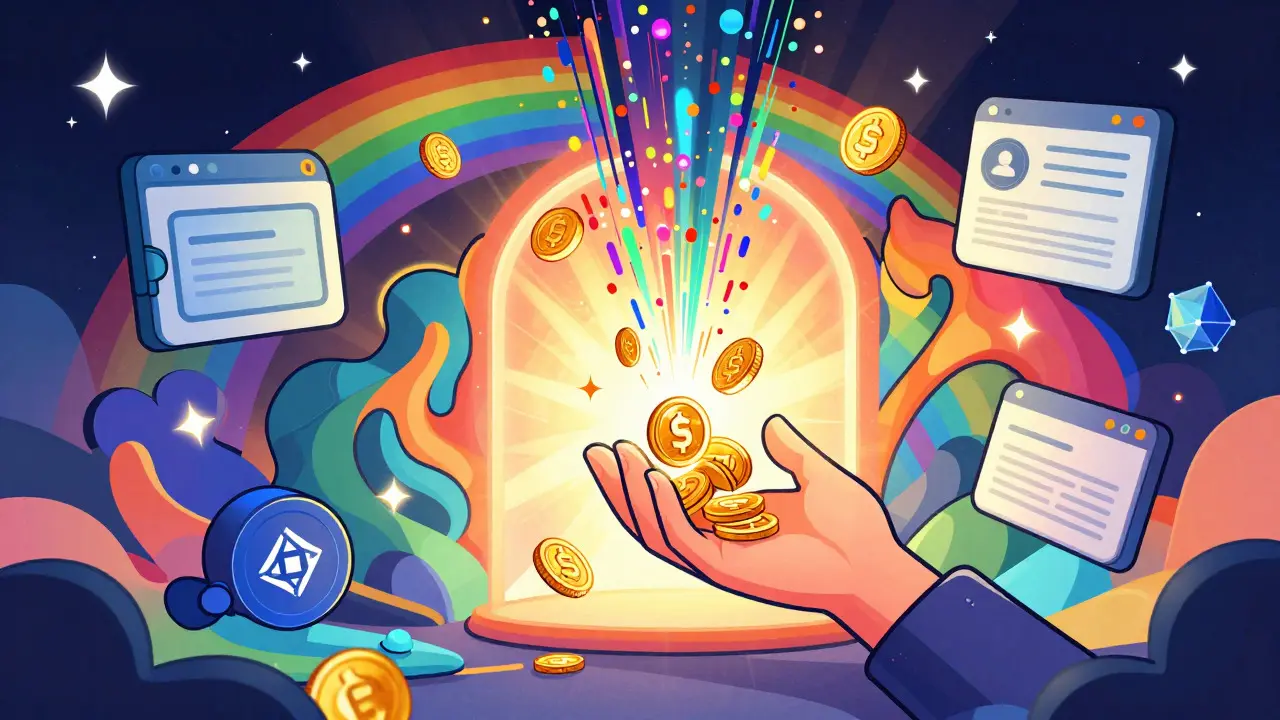 Colorful cartoon of glowing portal distributing tokens, symbolizing Kraken drops and new incentives.