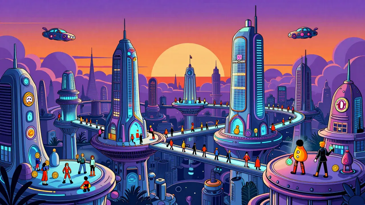 Colorful futuristic cityscape with people exchanging glowing coins in Peter Max style