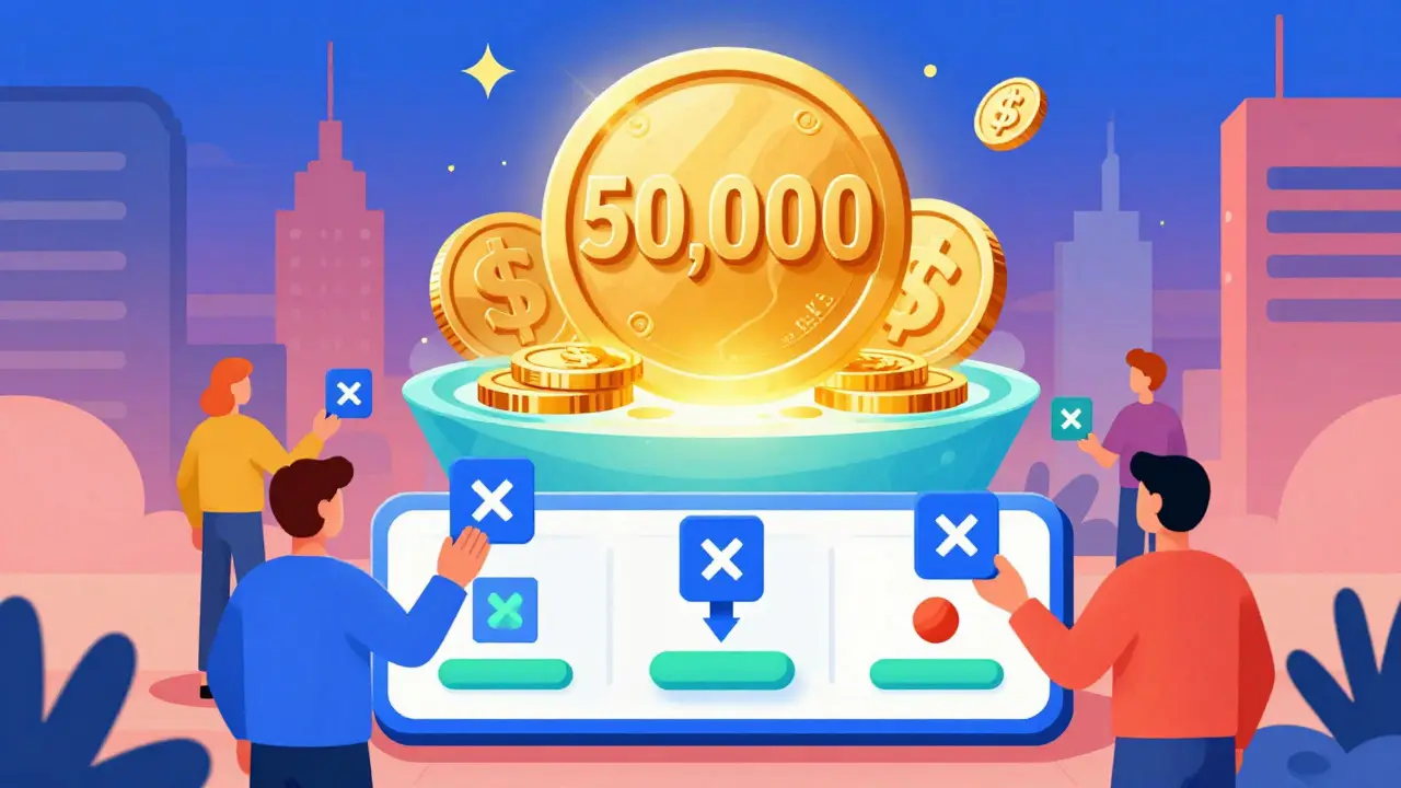 Colorful illustration of users voting with tokens to claim a share of a glowing reward pool in a retro-futuristic setting.