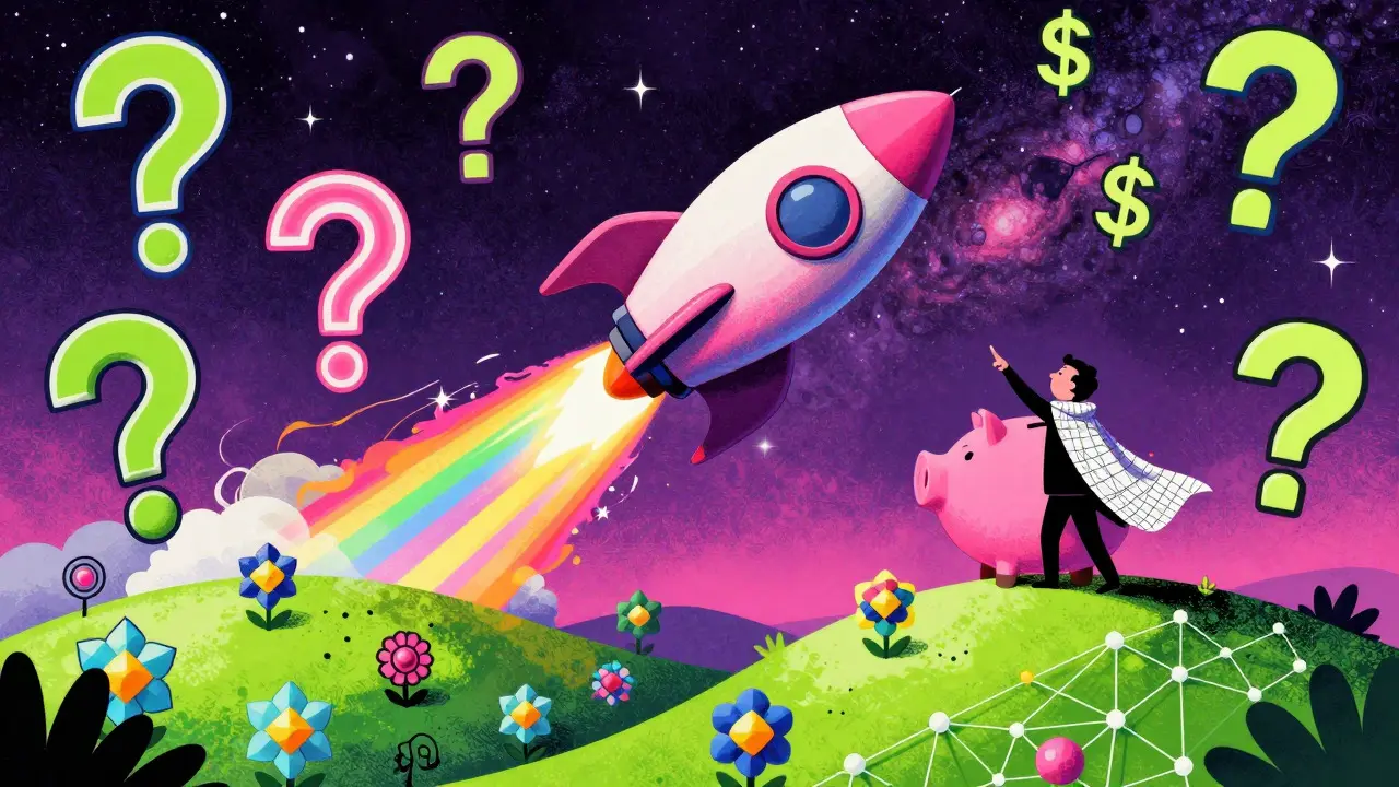 Colorful Peter Max art of a piggy-bank rocket launching into a galaxy of question marks and dollar signs