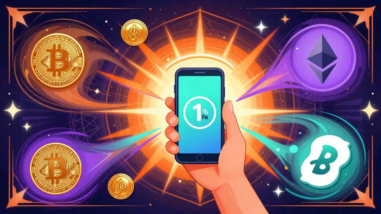 Colorful Peter Max illustration comparing crypto payment fees and options