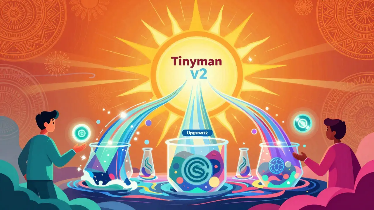 Colorful Peter Max illustration of liquidity pools and token exchange dynamics