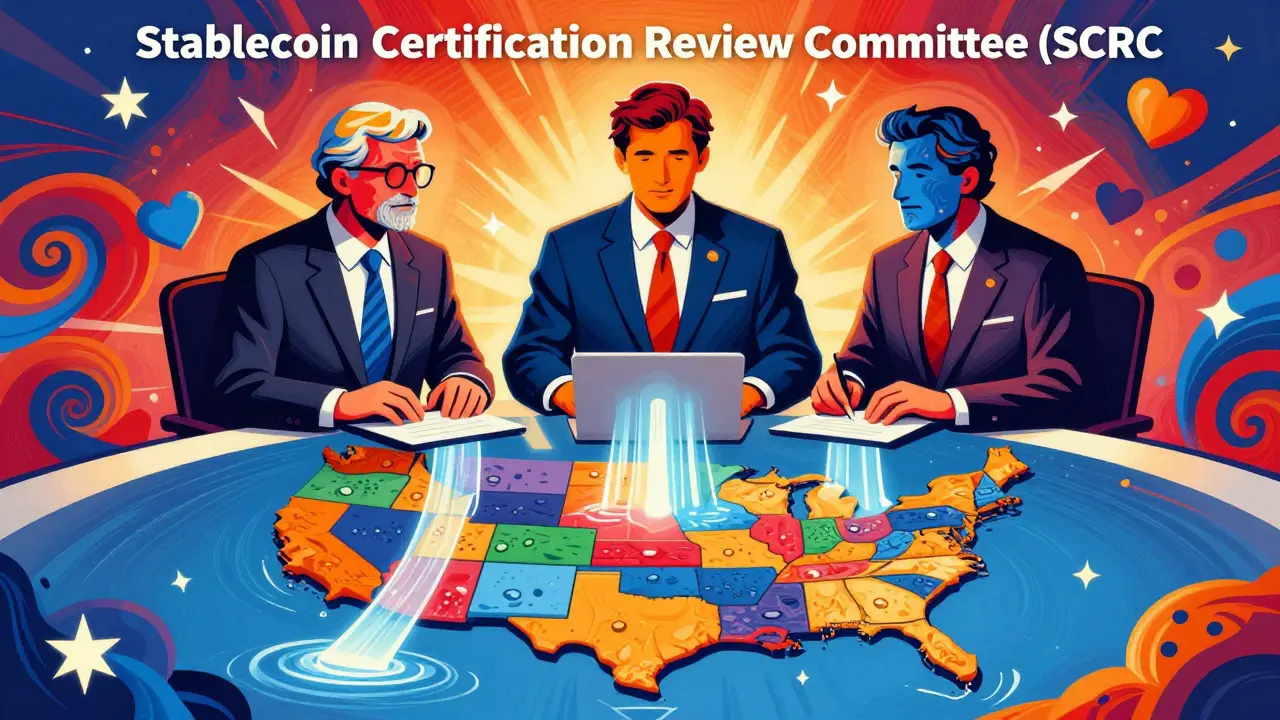 Colorful pop-art depiction of regulators harmonizing state crypto rules.