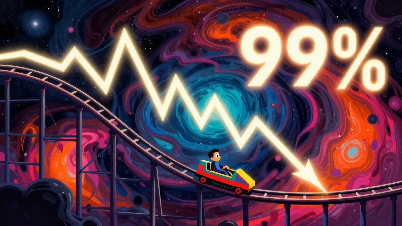 Cosmic rollercoaster track illustrating extreme price volatility and risk