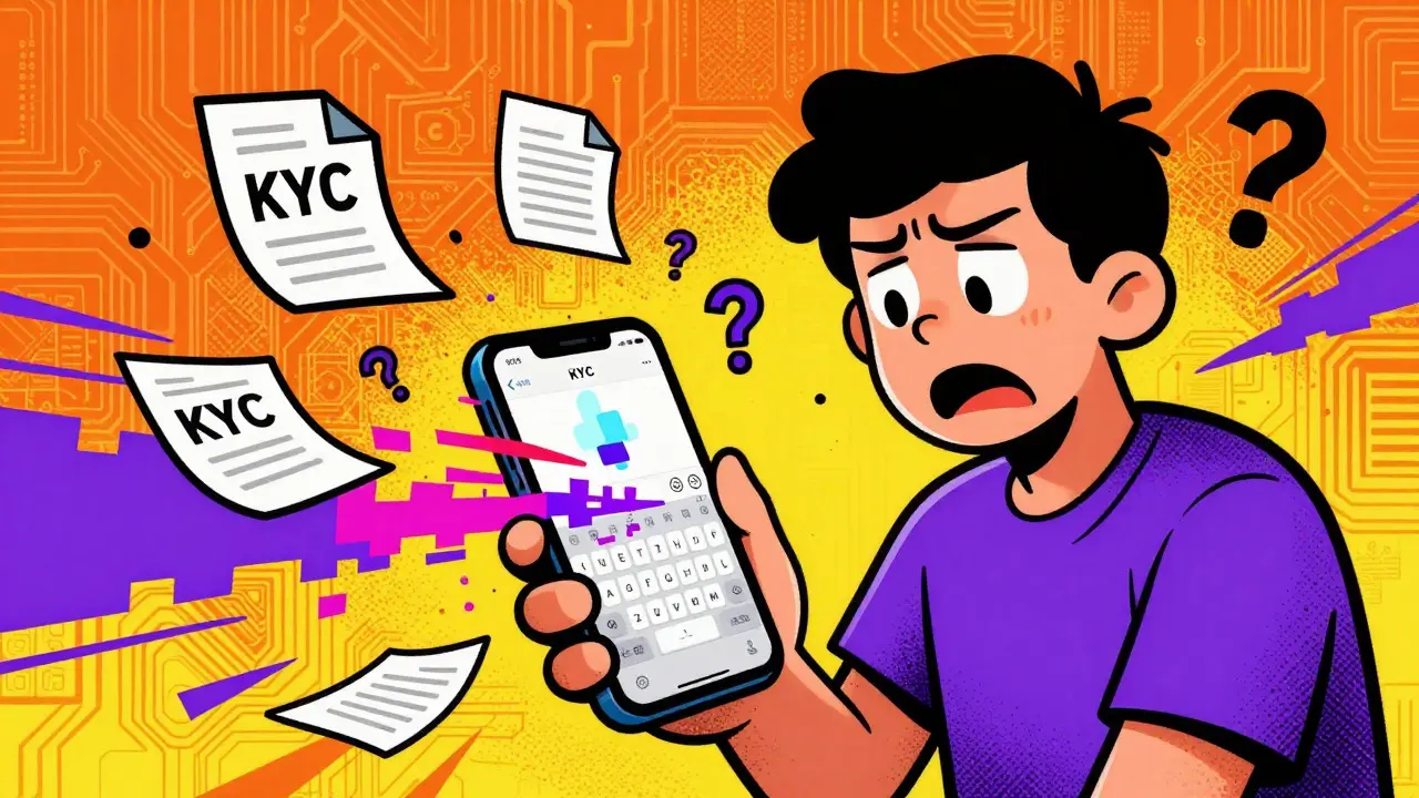 Frustrated user facing glitchy app and disappearing keyboard in vibrant cartoon style.