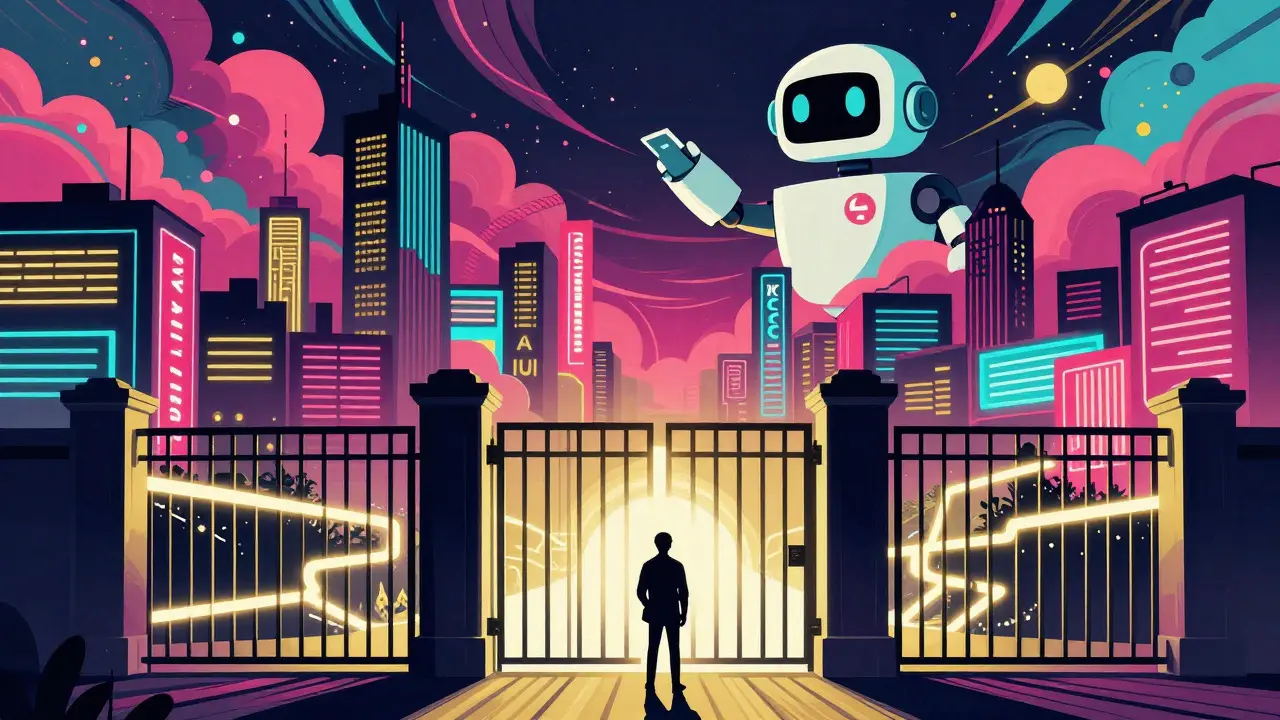 Futuristic city with a glowing gate and oversight robot under a neon sky