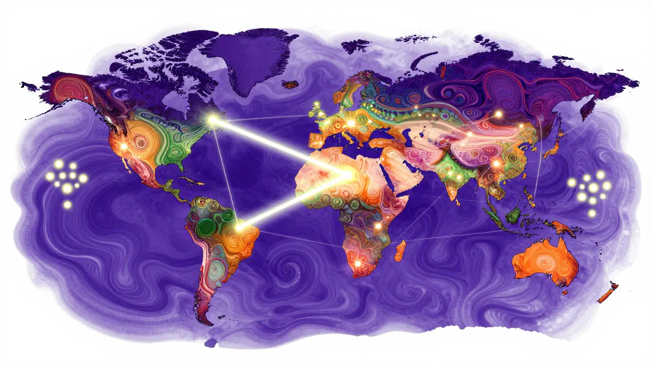 Global network map with glowing connections and adjusting light orbs