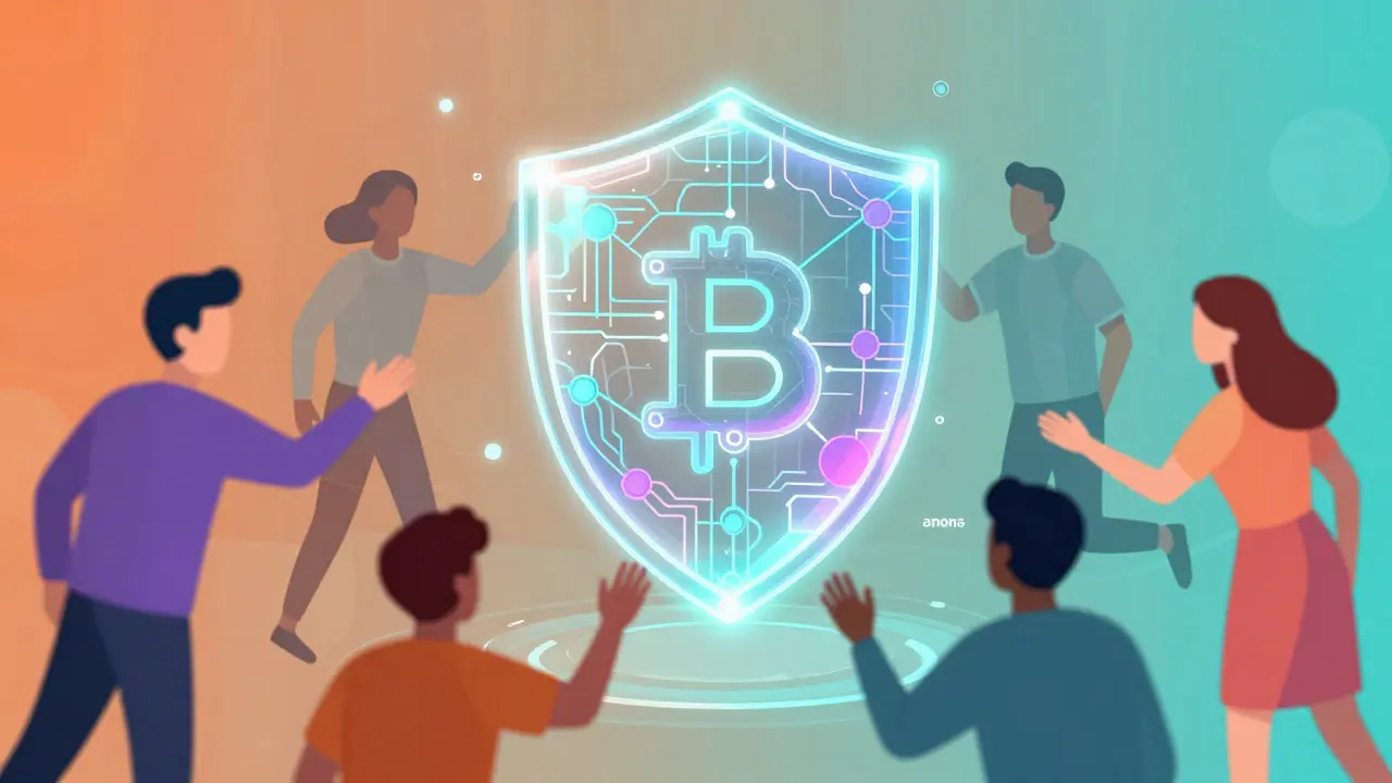 Glowing digital shield surrounded by abstract figures in vibrant colors