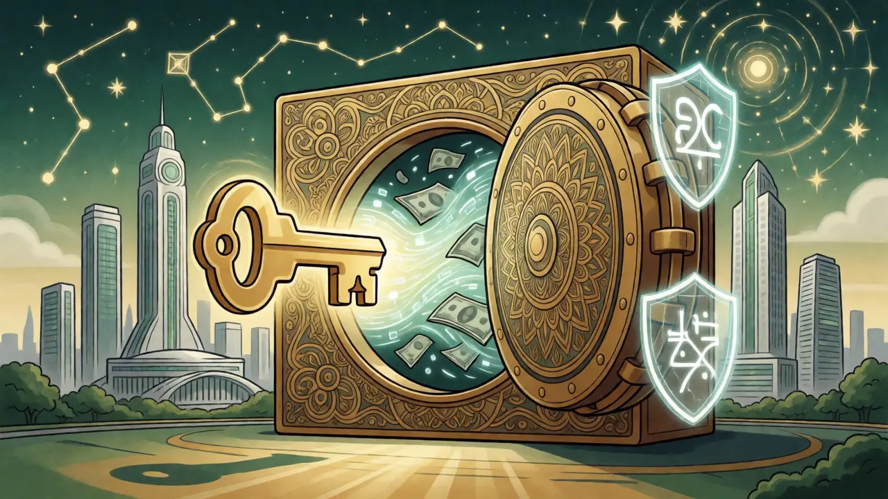 Golden key unlocking a vault with data streams against a futuristic Nigerian skyline.