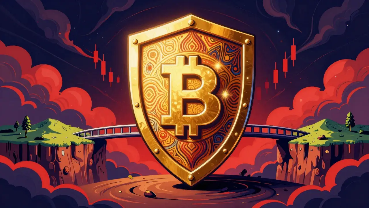 Golden shield protecting a bridge amidst swirling clouds in psychedelic art