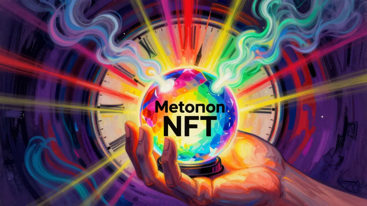 Hand holding a glowing crystal orb with a dissolving clock in Peter Max style