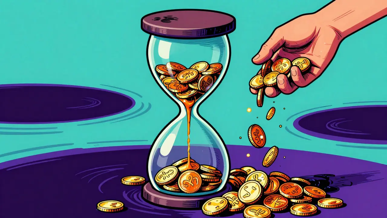 Hourglass with slow-flowing coins showing low liquidity and market fragility