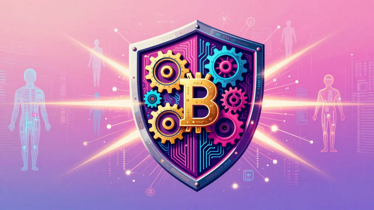 Intricate colorful shield with radiating light beams symbolizing digital security and AI intelligence