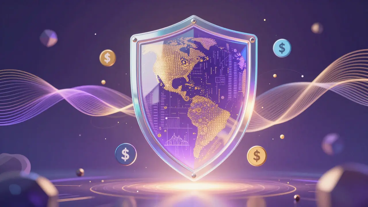 Iridescent shield protecting various currency symbols in a colorful abstract design