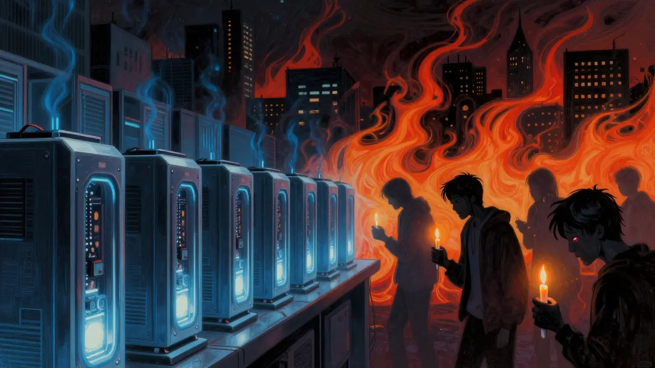 Mining rigs vs dark city with citizens during power blackout