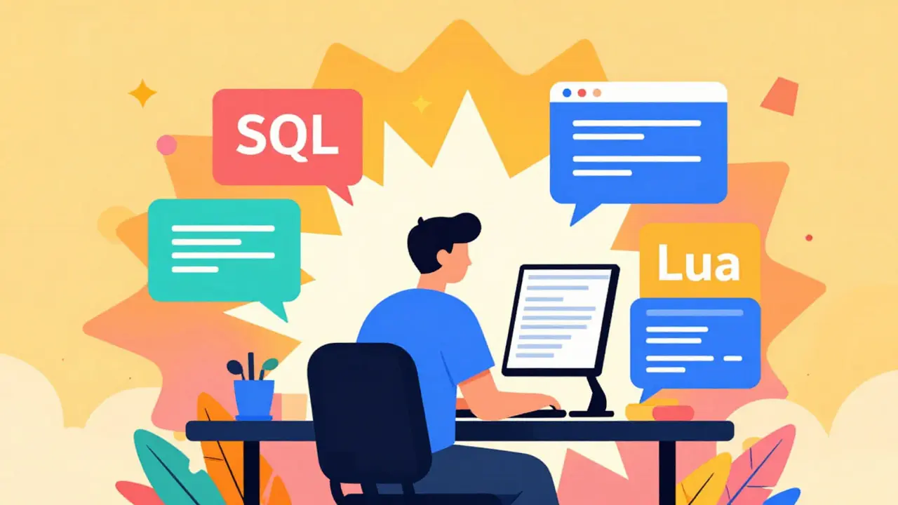Pop art illustration of SQL and Lua coding in vibrant Peter Max style