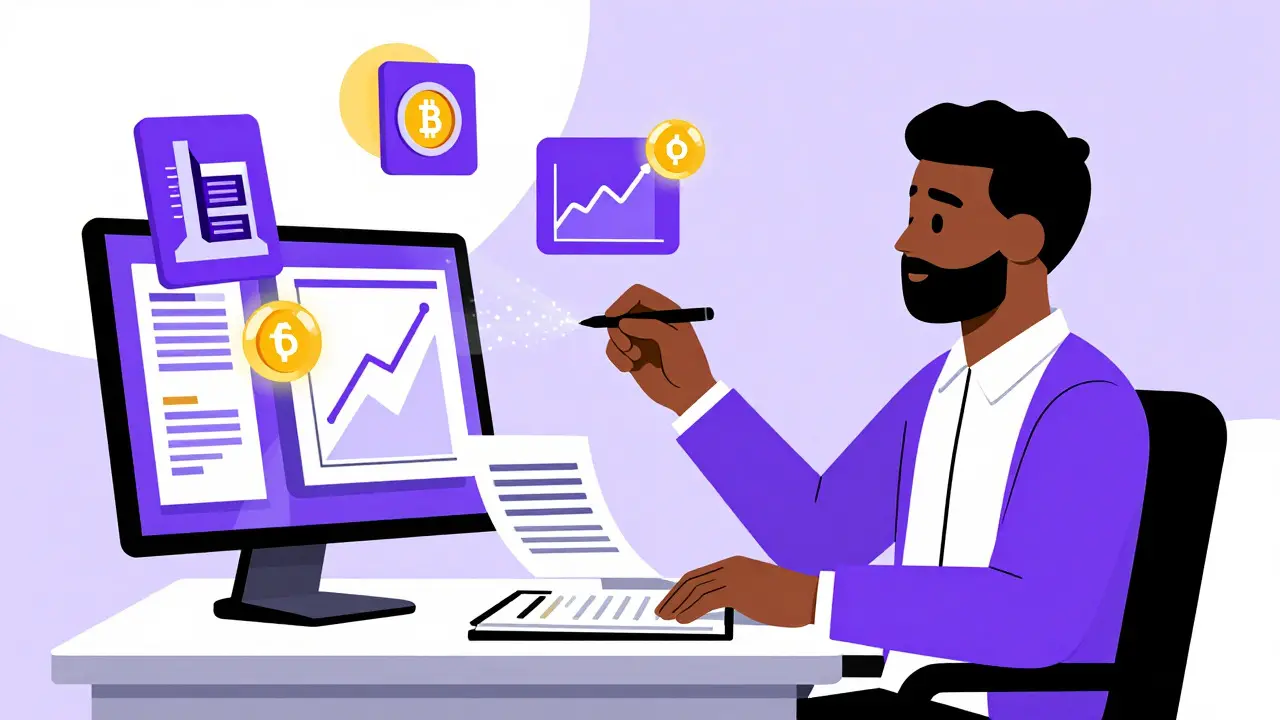 Professional organizing crypto taxes with floating holographic icons in bright illustration