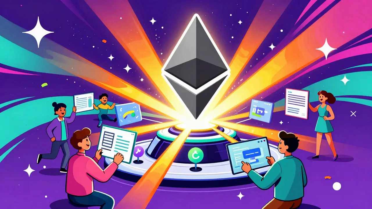 Psychedelic art showing Ethereum L2 tech connecting users to DeFi protocols