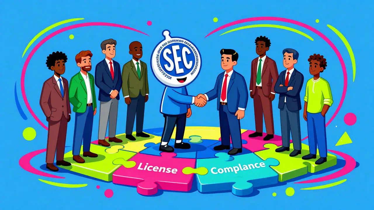 SEC mascot shaking hands with traders on colorful puzzle platform in Peter Max style