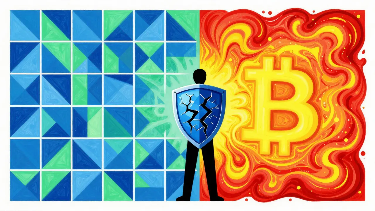 Split scene contrasting structured digital yuan with chaotic crypto swirls