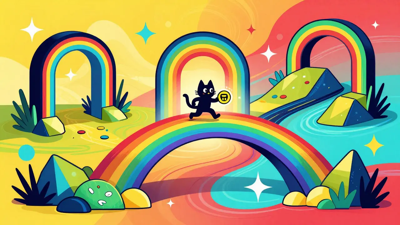 Stylized cat running across colorful bridges connecting different blockchain networks in vibrant art.