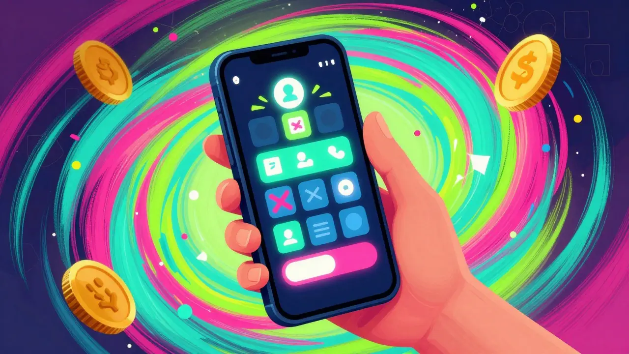 Stylized smartphone displaying abstract access levels against a colorful vortex