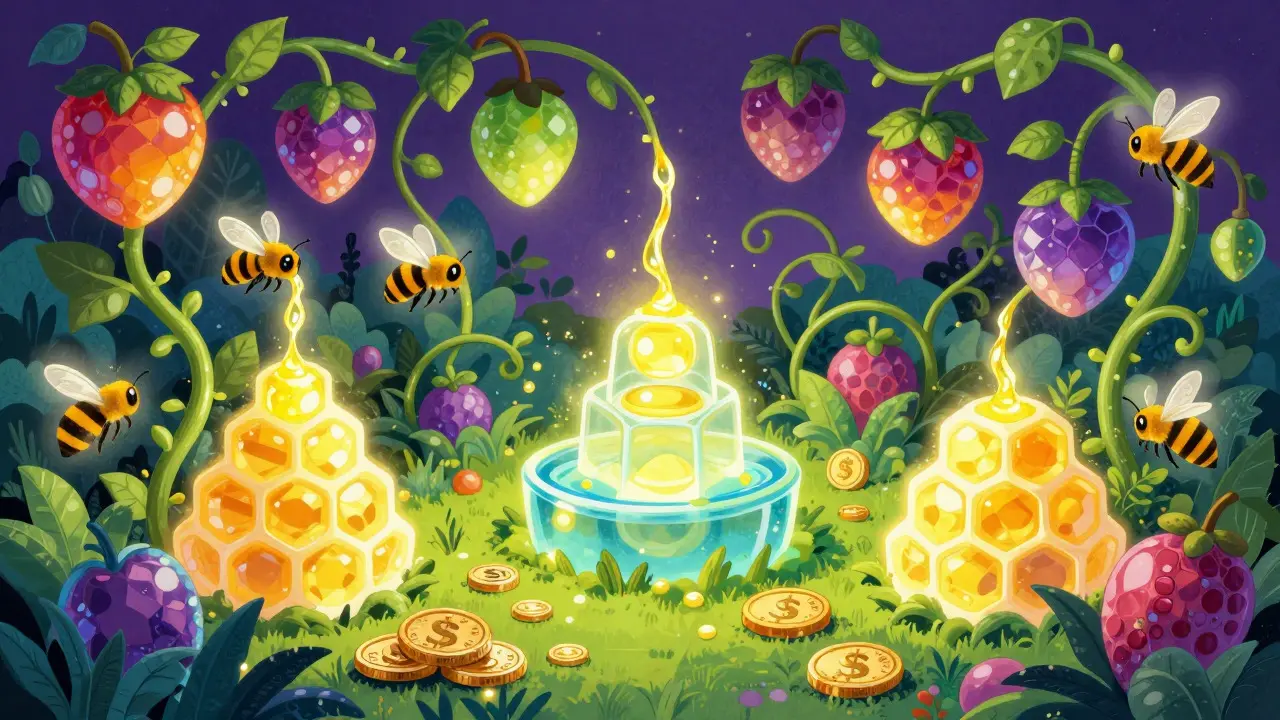 Surreal garden with glowing fruit and honeycombs illustrating yield farming