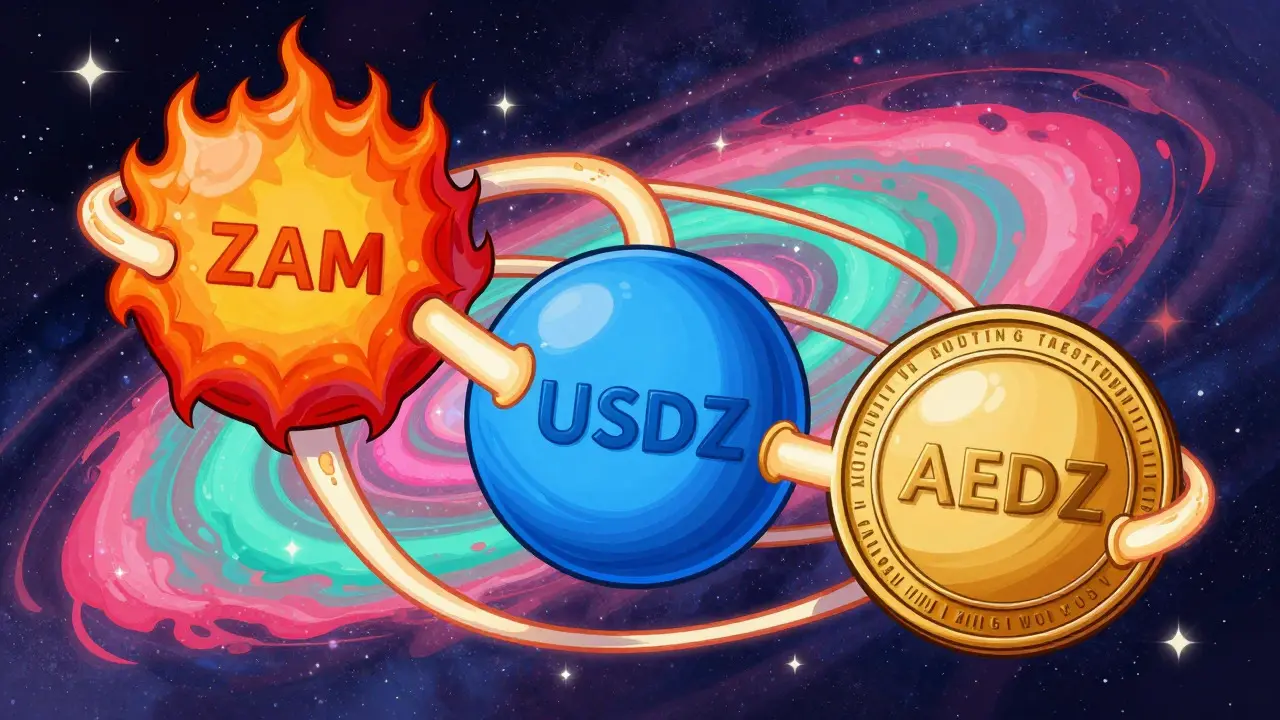 Three colorful interconnected spheres in a psychedelic space representing a multi-token ecosystem