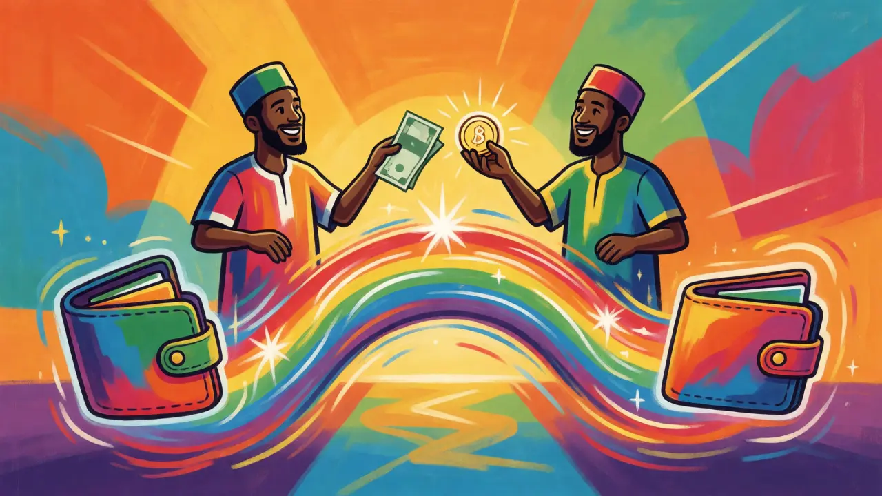 Two figures exchanging money and crypto across a rainbow bridge in psychedelic style.