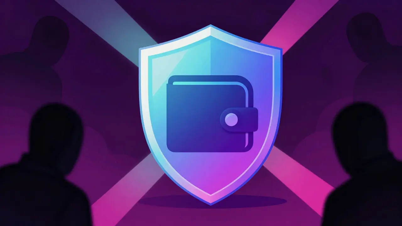 Vibrant illustration of a secure digital wallet protected from scams
