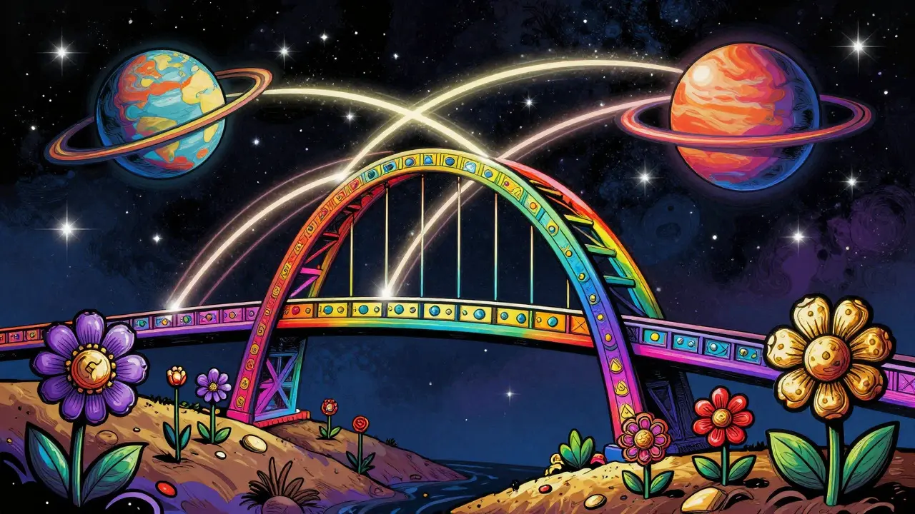 Vibrant Peter Max style image of a rainbow bridge connecting crypto ecosystems