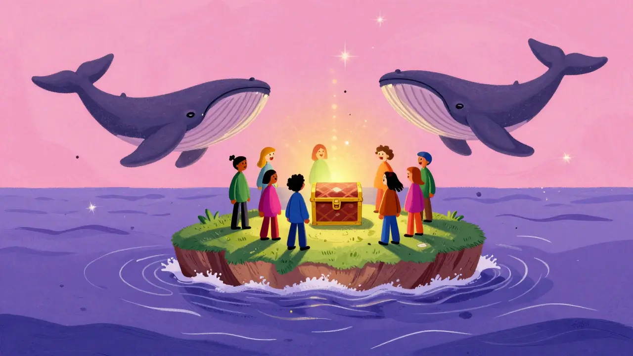 Whimsical cartoon of a small community on an island surrounded by large whales in a psychedelic ocean