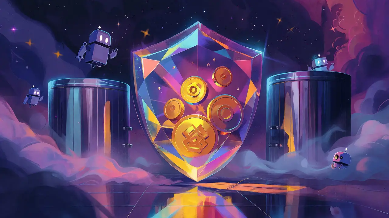 A crystalline shield protecting gold coins and digital assets from abstract AI robots.