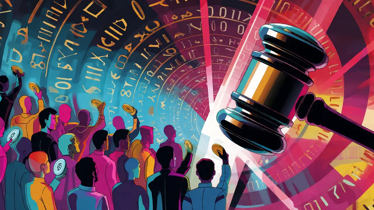 Abstract art showing crowd with digital coins facing a giant gavel amidst hieroglyphs