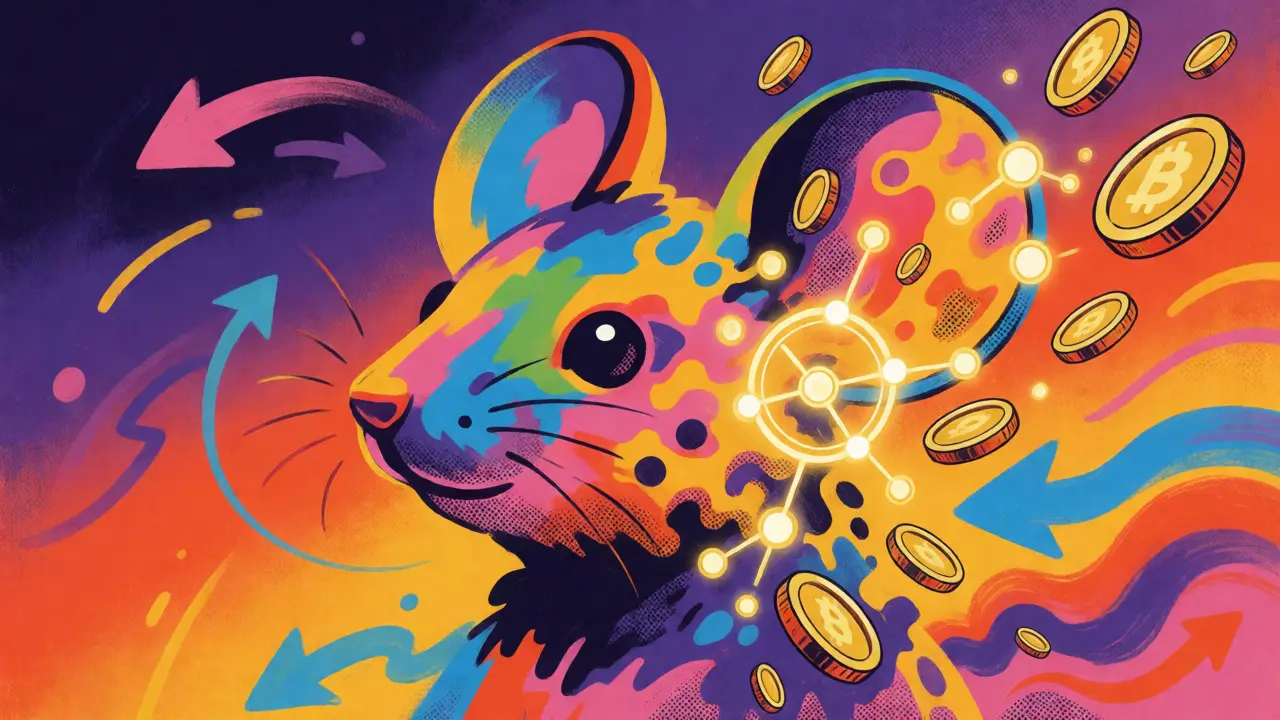 Abstract colorful artwork of a mouse dissolving into coins and blockchain nodes.