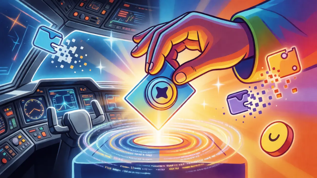 Abstract hand casting a token vote amidst tech and financial symbols